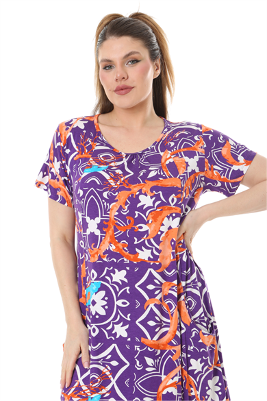 Melsay Butik Mor Retro Desen Kuplu Cepli Kısa Kol Kadın Midi Elbise