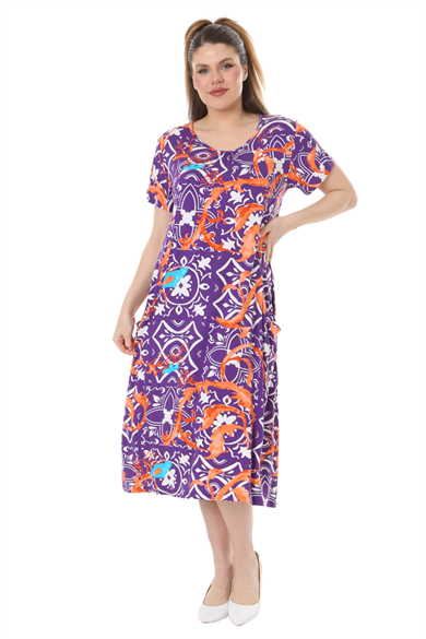 Melsay Butik Mor Retro Desen Kuplu Cepli Kısa Kol Kadın Midi Elbise