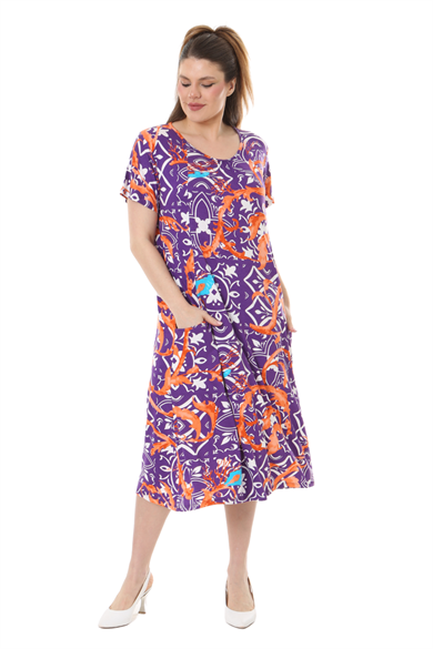 Melsay Butik Mor Retro Desen Kuplu Cepli Kısa Kol Kadın Midi Elbise