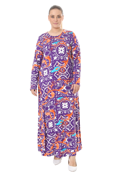 Melsay Butik Mor Retro Desen Uzun Kollu Kadın Elbise