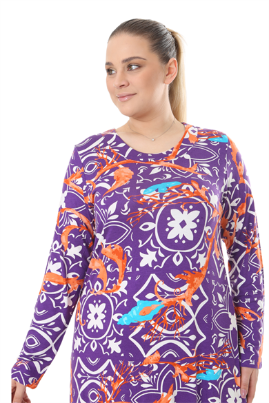 Melsay Butik Mor Retro Desen Uzun Kollu Kadın Elbise