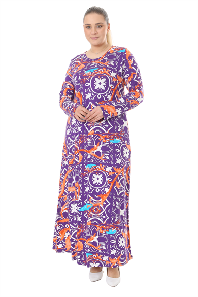 Melsay Butik Mor Retro Desen Uzun Kollu Kadın Elbise