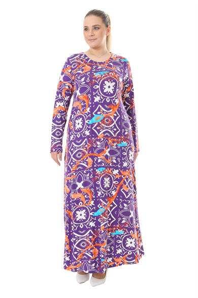 Melsay Butik Mor Retro Desen Uzun Kollu Kadın Elbise