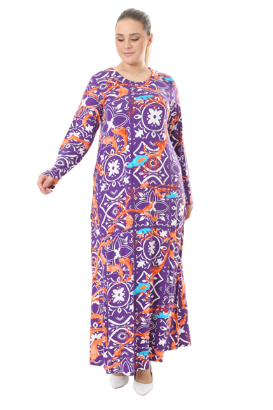 Melsay Butik Mor Retro Desen Uzun Kollu Kadın Elbise