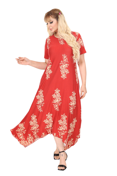 Melsay Butik Narçiçeği Pano Desen Asimetrik Kısa Kollu Elbise