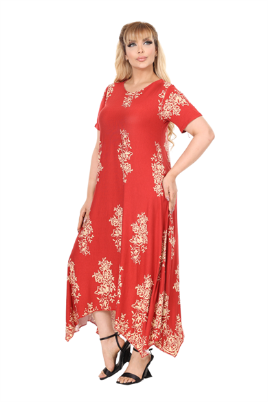 Melsay Butik Narçiçeği Pano Desen Asimetrik Kısa Kollu Elbise
