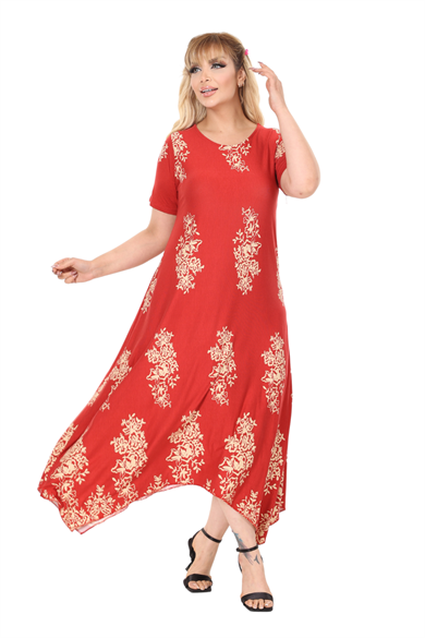 Melsay Butik Narçiçeği Pano Desen Asimetrik Kısa Kollu Elbise