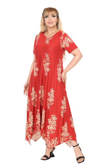 Melsay Butik Narçiçeği Pano Desen Asimetrik Kısa Kollu Elbise