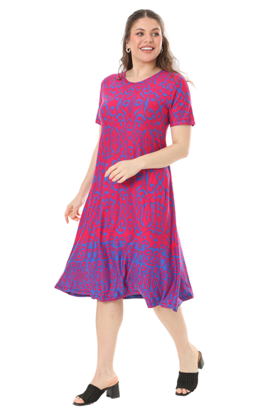 Melsay Butik Pembe Kilim Desen Kısa Kollu Büyük Beden Midi Elbise