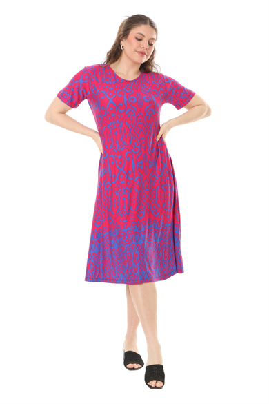 Melsay Butik Pembe Kilim Desen Kısa Kollu Büyük Beden Midi Elbise