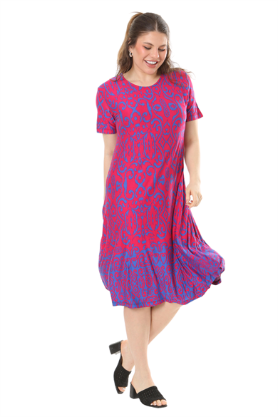 Melsay Butik Pembe Kilim Desen Kısa Kollu Büyük Beden Midi Elbise