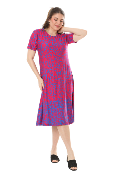 Melsay Butik Pembe Kilim Desen Kısa Kollu Büyük Beden Midi Elbise