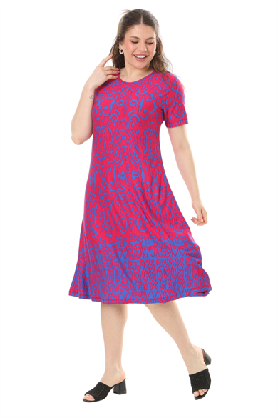 Melsay Butik Pembe Kilim Desen Kısa Kollu Büyük Beden Midi Elbise