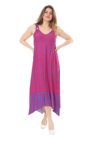 Melsay Butik Pembe Mavi Kilim Desen Askılı V Yaka Elbise
