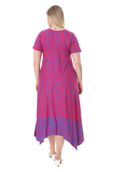 Melsay Butik Pembe Mavi Kilim Desen Asimetrik Kısa Kollu Elbise