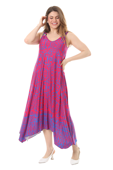Melsay Butik Pembe Mavi Kilim Desen Askılı V Yaka Elbise
