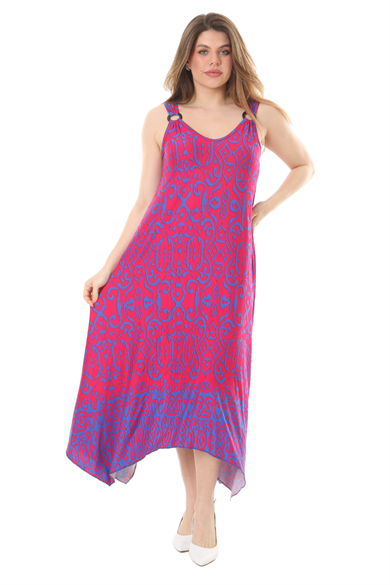 Melsay Butik Pembe Mavi Kilim Desen Askılı V Yaka Elbise