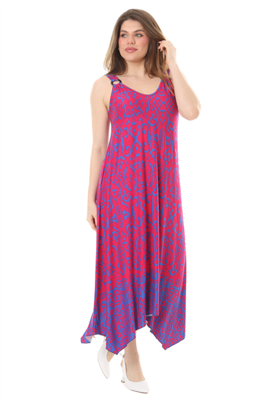 Melsay Butik Pembe Mavi Kilim Desen Askılı V Yaka Elbise