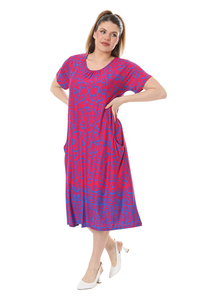 Melsay Butik Pembe Mavi Kilim Desen Kuplu Cepli Kısa Kol Kadın Midi Elbise