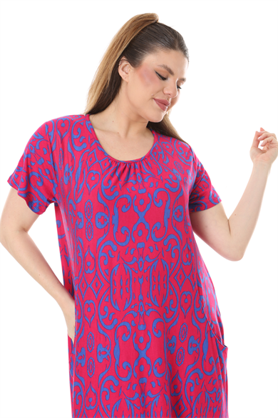 Melsay Butik Pembe Mavi Kilim Desen Kuplu Cepli Kısa Kol Kadın Midi Elbise