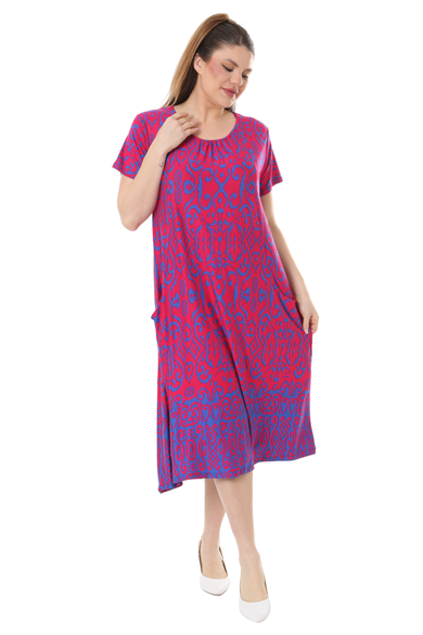 Melsay Butik Pembe Mavi Kilim Desen Kuplu Cepli Kısa Kol Kadın Midi Elbise