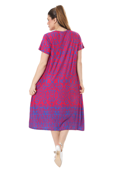 Melsay Butik Pembe Mavi Kilim Desen Kuplu Cepli Kısa Kol Kadın Midi Elbise