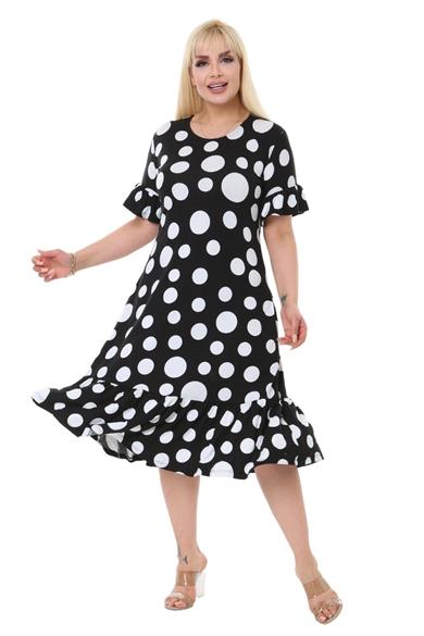 Melsay Butik Puantiye Desen Cepli Fırfırlı Kısa Kol Kadın Midi Elbise