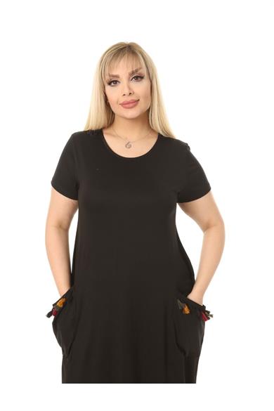 Melsay Butik Püsküllü Cepli Kısa Kollu Siyah Midi Elbise