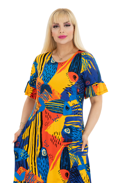 Melsay Butik Sarı Balık Desen Fırfırlı Kısa Kollu Kadın Midi Elbise