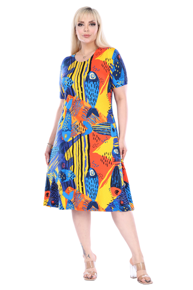 Melsay Butik Sarı Balık Desen Kısa Kollu Büyük Beden Midi Elbise