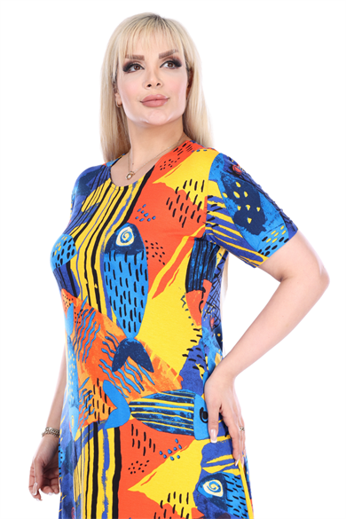 Melsay Butik Sarı Balık Desen Kısa Kollu Büyük Beden Midi Elbise