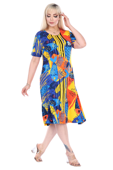 Melsay Butik Sarı Balık Desen Kısa Kollu Büyük Beden Midi Elbise