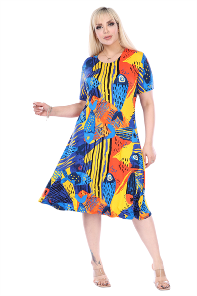 Melsay Butik Sarı Balık Desen Kısa Kollu Büyük Beden Midi Elbise