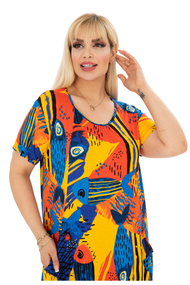 Melsay Butik Sarı Balık Kuplu Cepli Kısa Kollu Kadın Midi Elbise