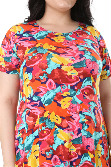 Melsay Butik Sarı Gül Desen Asimetrik Kısa Kollu Elbise