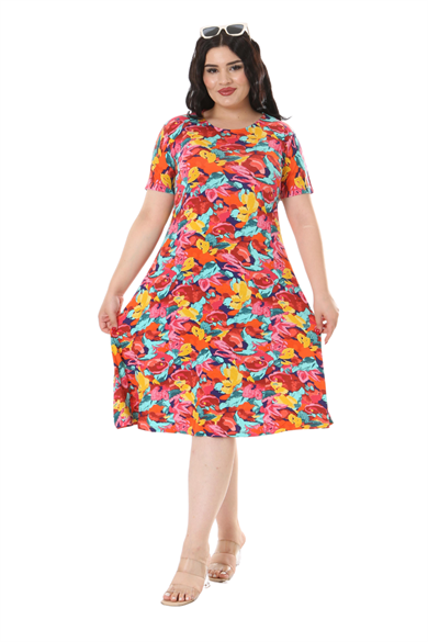 Melsay Butik Sarı Gül Desen Kısa Kollu Büyük Beden Midi Elbise