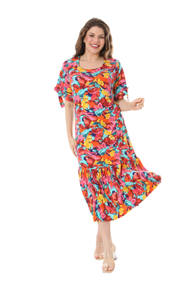 Melsay Butik Sarı Gül Desen Kolları Bağlamalı Kısa Kollu Kadın Midi Elbise