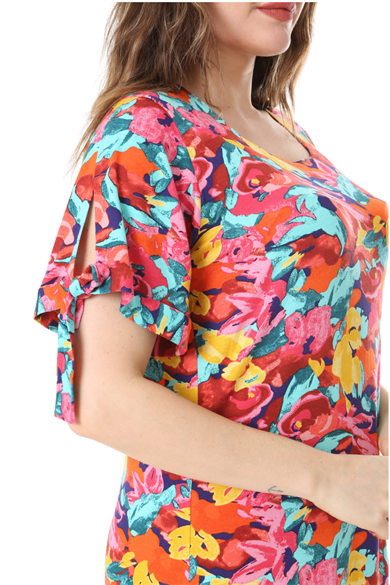 Melsay Butik Sarı Gül Desen Kolları Bağlamalı Kısa Kollu Kadın Midi Elbise