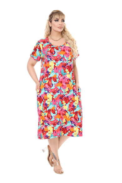 Melsay Butik Sarı Gül Desen Kuplu Cepli Kısa Kol Kadın Midi Elbise
