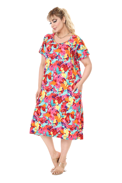 Melsay Butik Sarı Gül Desen Kuplu Cepli Kısa Kol Kadın Midi Elbise