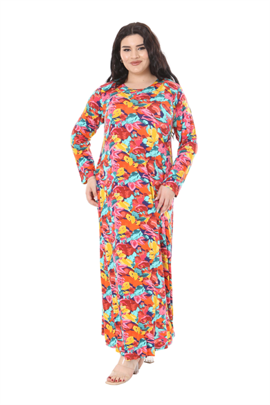 Melsay Butik Sarı Gül Desen Uzun Kollu Kadın Elbise