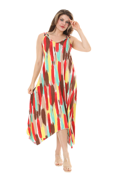 Melsay Butik Sarı Yağlıboya Desen Askılı V Yaka Elbise