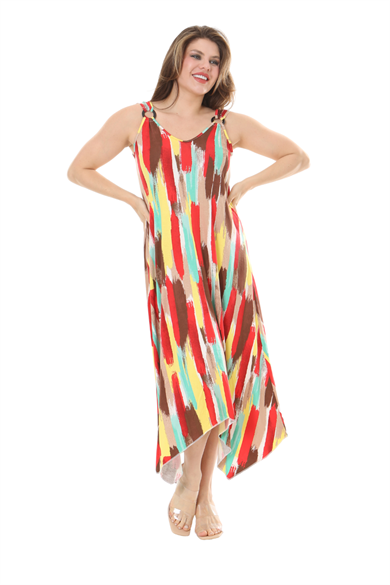 Melsay Butik Sarı Yağlıboya Desen Askılı V Yaka Elbise