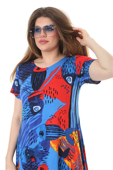 Melsay Butik Sax Balık Desen Asimetrik Kısa Kollu Elbise