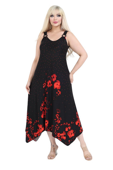 Melsay Butik Siyah Askılı V Yaka Kırmızı Puanlı Gelincik Desen Elbise