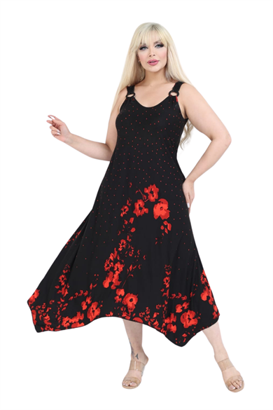 Melsay Butik Siyah Askılı V Yaka Kırmızı Puanlı Gelincik Desen Elbise
