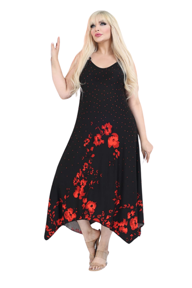 Melsay Butik Siyah Askılı V Yaka Kırmızı Puanlı Gelincik Desen Elbise