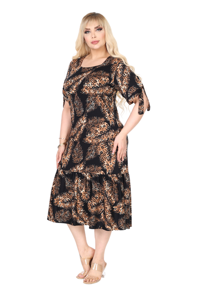 Melsay Butik Siyah Başak Desen Kolları Bağlamalı Kısa Kollu Elbise