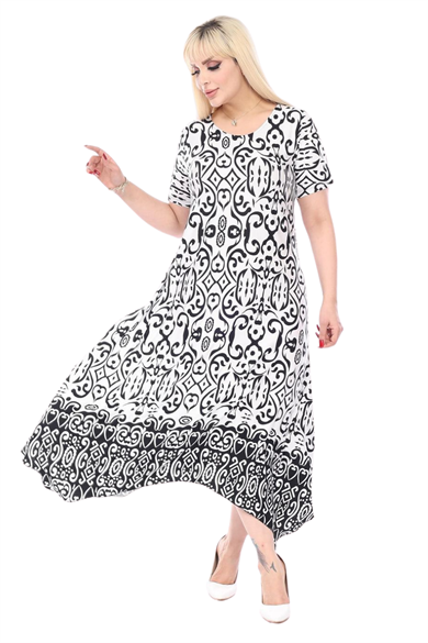 Melsay Butik Siyah Beyaz Kilim Desen Asimetrik Kısa Kollu Elbise