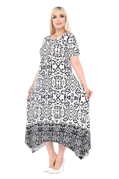 Melsay Butik Siyah Beyaz Kilim Desen Asimetrik Kısa Kollu Elbise